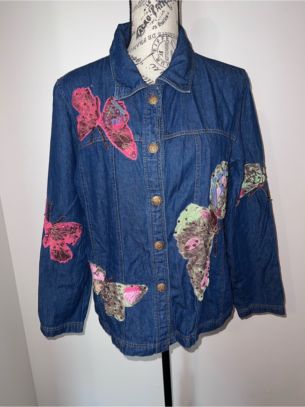 Vintage Tapestry Patch Butterfly Denim Jacket Shirt Beaded Sequined Boho M
